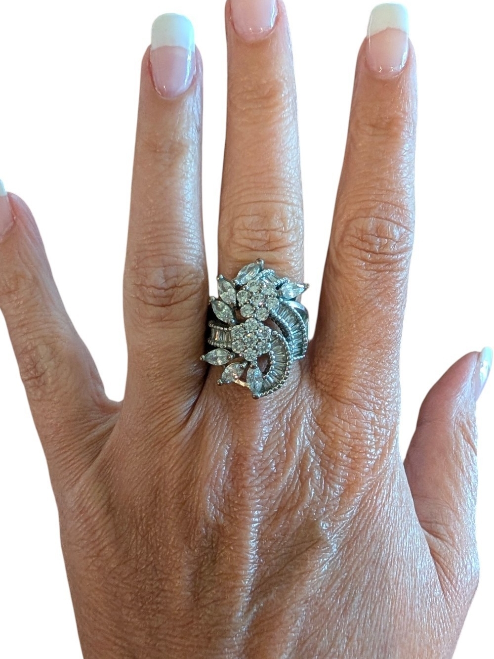 Silver Floral Cluster Statement Ring - White Crystal Accents